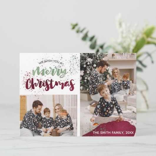 水彩赤い緑の家族の写真メリークリスマス シーズンカード (スタンド正面)