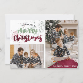 水彩赤い緑の家族の写真メリークリスマス シーズンカード