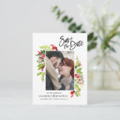 水彩赤い緑の葉の写真は日付を保存 案内ポストカード (スタンド正面)