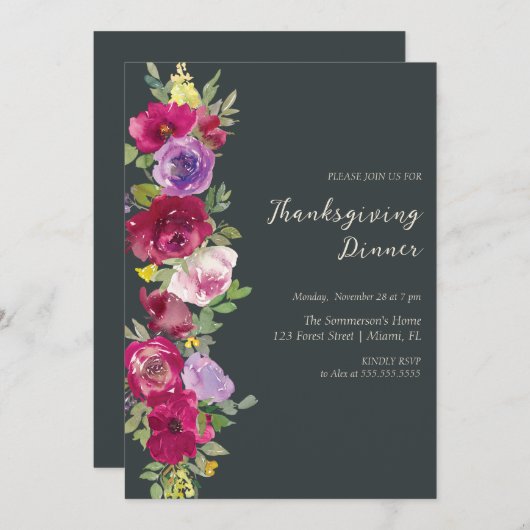 水彩赤い花の与え感謝してい夕飯 招待状 (正面/裏面)