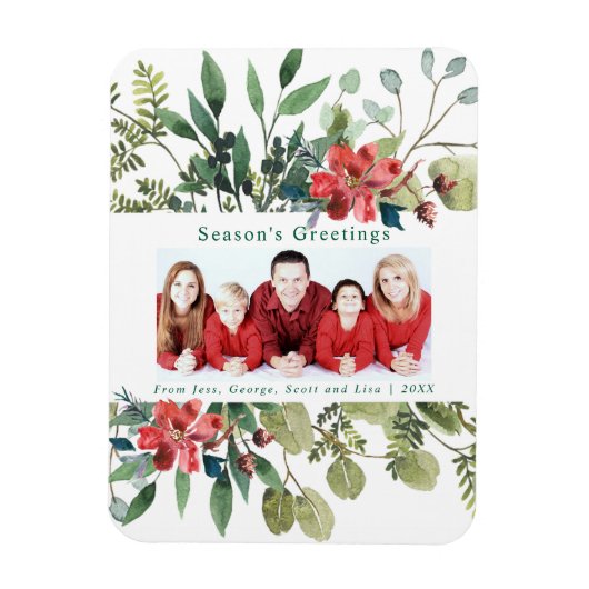 水彩赤い花冬の緑の写真 マグネット (縦)