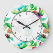 水彩赤い芽バラオンブロンドウッド ラージ壁時計 (正面)