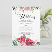 水彩赤い頬紅 ピンク 緑 花のウェディング 招待状 (スタンド正面)
