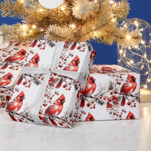 水彩赤い（鳥）ショウジョウコウカンチョウオンザベリーブランチ ラッピングペーパー (クリスマス)