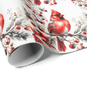 水彩赤い（鳥）ショウジョウコウカンチョウオンザベリーブランチ ラッピングペーパー (ロールコーナー)