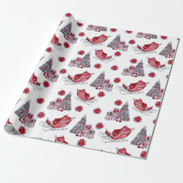 水彩赤そり、クリスマスツリー、パッケージ ラッピングペーパー
