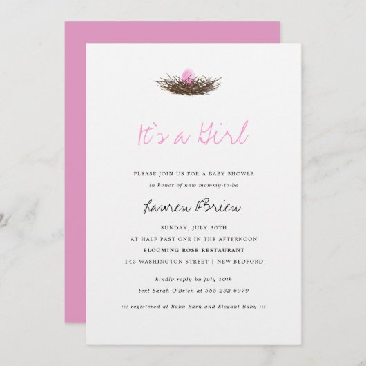 水彩赤ちゃんガールバードズネストベビーシャワー 招待状 (正面/裏面)