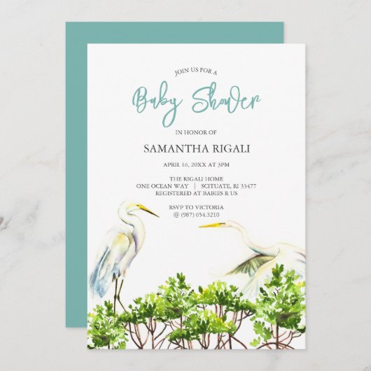 水彩赤ちゃんシャワーホワイトヘロンマングローブ 招待状 (正面/裏面)