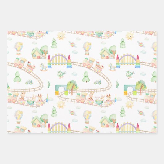 水彩赤ちゃんシャワー乳児おもちゃトレインパターン ラッピングペーパーシート (正面3)