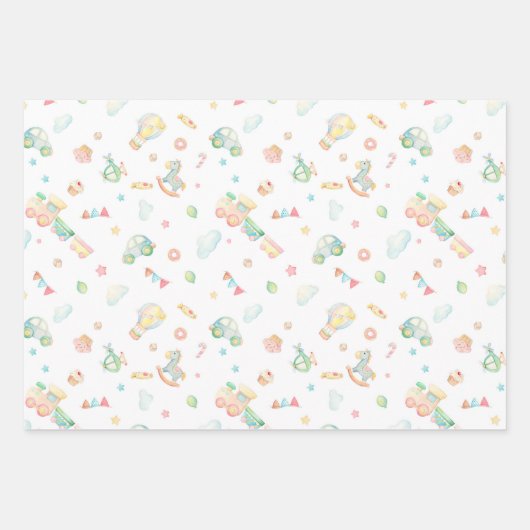 水彩赤ちゃんシャワー乳児おもちゃトレインパターン ラッピングペーパーシート (正面)