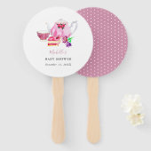 水彩赤ちゃんシャワー茶パーティーピンクティーポット ハンドファン (正面&裏面)