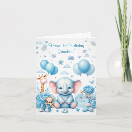 水彩赤ちゃんブルーエレファント1st誕生日 カード (正面)