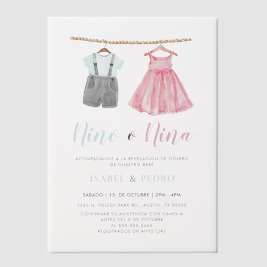 水彩赤ちゃん服スペインの性表彰 ベラム紙招待状 (正面)