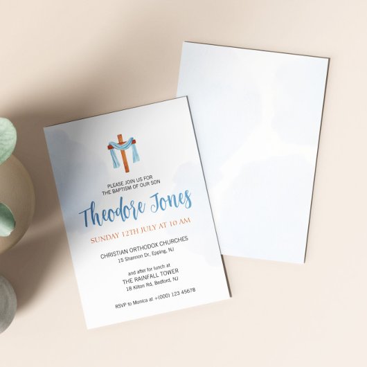 水彩赤ちゃん男の子の洗礼招待状カード 招待状