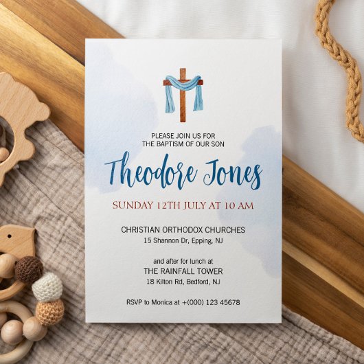 水彩赤ちゃん男の子の洗礼招待状カード 招待状