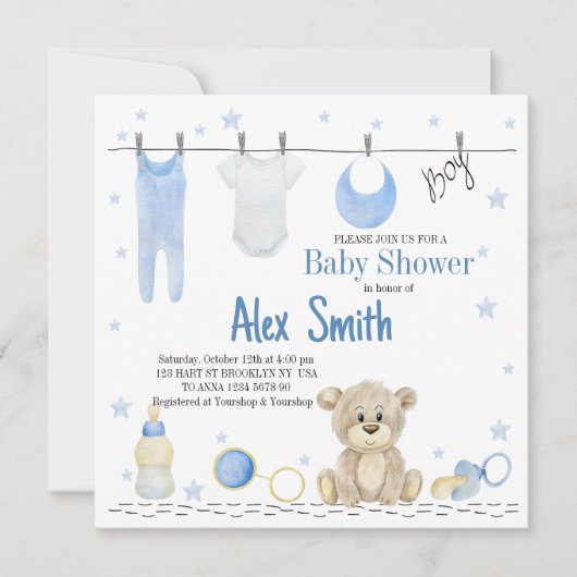 水彩赤ちゃん男の子 招待状 (正面)