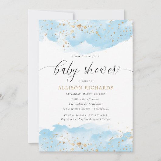 水彩赤ちゃん青い白い金ゴールド男の子のシャワー 招待状