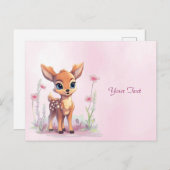 水彩赤ちゃん鹿とピンクの花のポストカード ポストカード (正面/裏面)