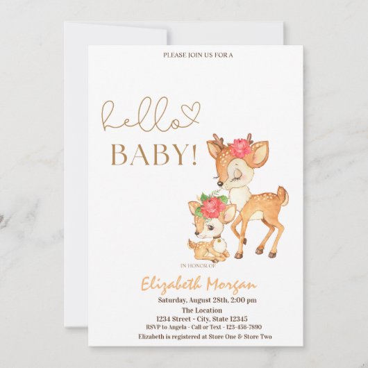 水彩赤ちゃん鹿ストライプ ベビーシャワー 招待状 (正面)