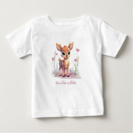 水彩赤ちゃん鹿ピンクの花ベビーTシャツ ベビーTシャツ