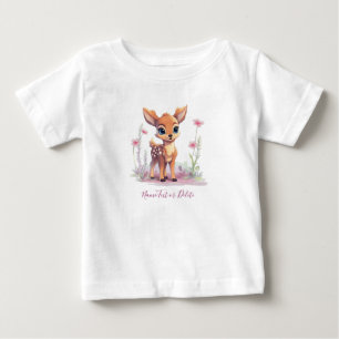 水彩赤ちゃん鹿ピンクの花ベビーTシャツ ベビーTシャツ