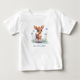 水彩赤ちゃん鹿 青い花 赤ちゃんTシャツ ベビーTシャツ