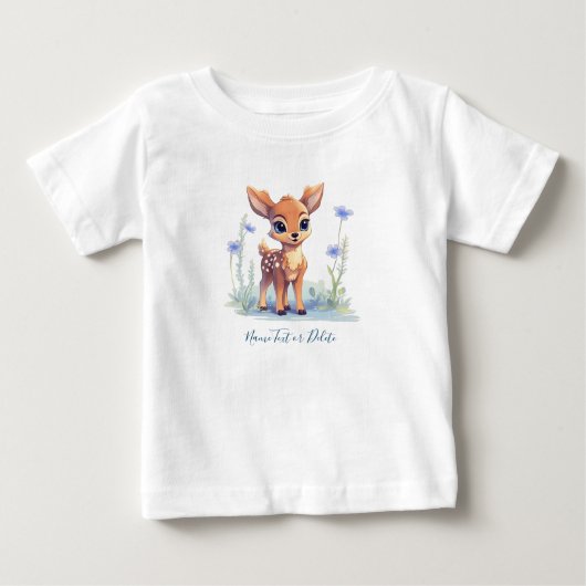 水彩赤ちゃん鹿 青い花 赤ちゃんTシャツ ベビーTシャツ (正面)