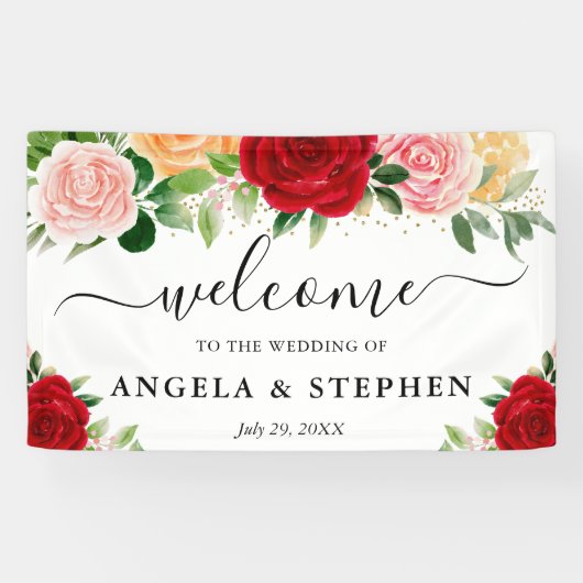 水彩赤とオレンジのバラ結婚の歓迎 横断幕 (横)