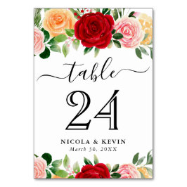 水彩赤とオレンジのバラ結婚ズ テーブルナンバー