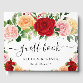 水彩赤とオレンジのバラ花結婚の ゲストブック