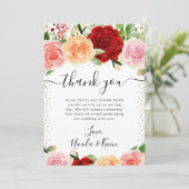 水彩赤とオレンジのバラ花結婚の サンキューカード (スタンド正面)