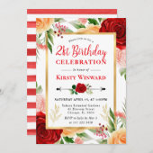 水彩赤とオレンジのバラ21st誕生日 招待状 (正面/裏面)