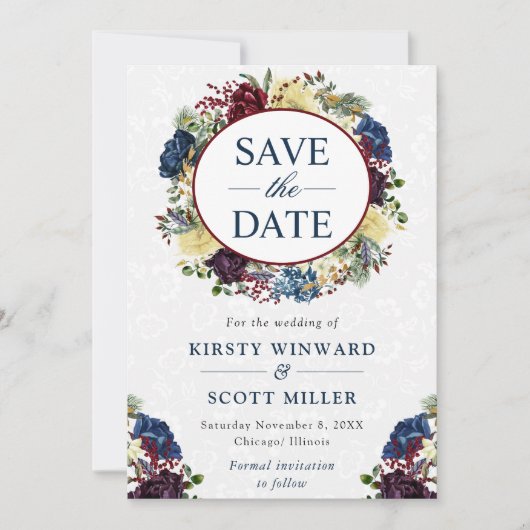 水彩赤とネイビーウィンターリース結婚ズ セーブザデート (正面)