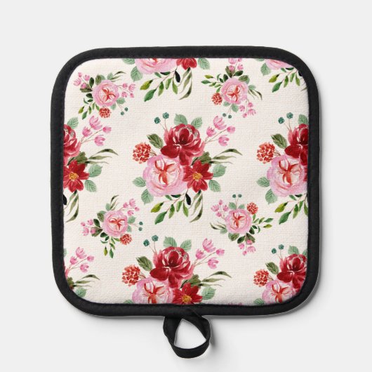 水彩赤とピンクのフローラのシームレスなパターン 鍋敷き (正面)