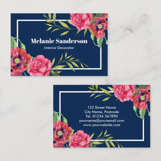 水彩赤とピンクの花が濃いネイビーブルー 名刺 (正面/裏面)