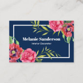 水彩赤とピンクの花が濃いネイビーブルー 名刺 (正面)