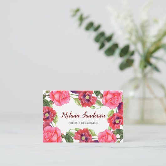 水彩赤とピンクの花のリース配置 名刺 (スタンド正面)