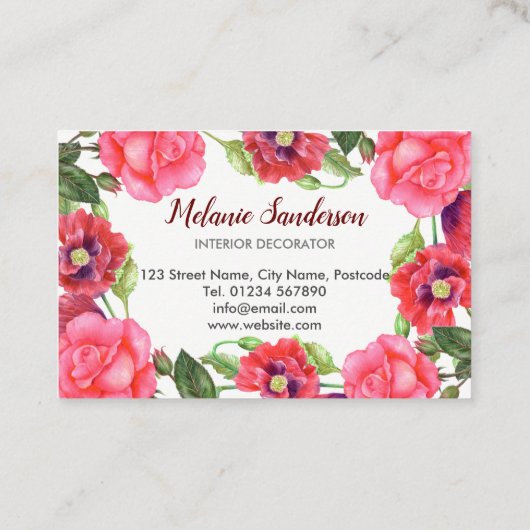 水彩赤とピンクの花のリース配置 名刺 (裏面)