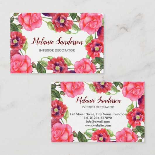 水彩赤とピンクの花のリース配置 名刺 (正面/裏面)