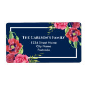 水彩赤とピンクの花ダークネイビーブルーこうもり ラベル (正面)