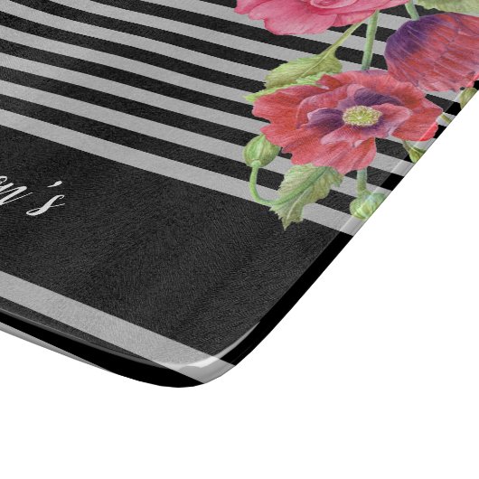 水彩赤とピンクの花ブラックグレーのストライプ花 カッティングボード (角)