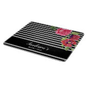 水彩赤とピンクの花ブラックグレーのストライプ花 カッティングボード (角)