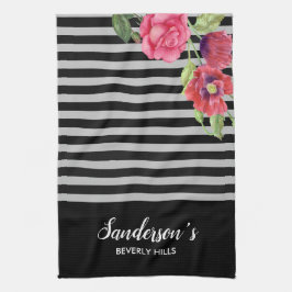 水彩赤とピンクの花ブラックグレーのストライプ花 キッチンタオル