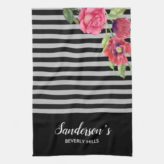 水彩赤とピンクの花ブラックグレーのストライプ花 キッチンタオル (縦)