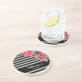 水彩赤とピンクの花ブラックグレーのストライプ花 コースター (側面)