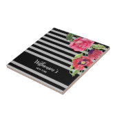 水彩赤とピンクの花ブラックグレーのストライプ花 タイル (側面)