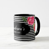 水彩赤とピンクの花ブラックグレーのストライプ花 マグカップ (正面右)