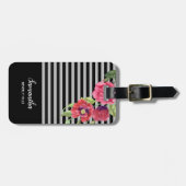 水彩赤とピンクの花ブラックグレーのストライプ花 ラゲッジタグ (正面横)
