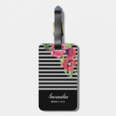 水彩赤とピンクの花ブラックグレーのストライプ花 ラゲッジタグ (裏面縦)
