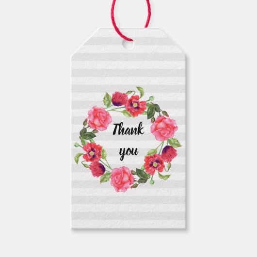 水彩赤とピンクの花リースデザイン ギフトタグ (正面)